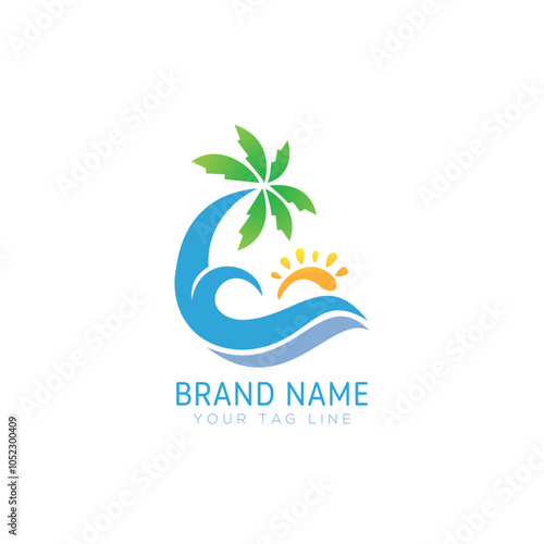 Tropical summer beach logo icon with palm trees, umbrella and daybed at seaside with sun and flying gulls. Isolated vector emblem for summer travel, vacation or holiday spare time with paradise island