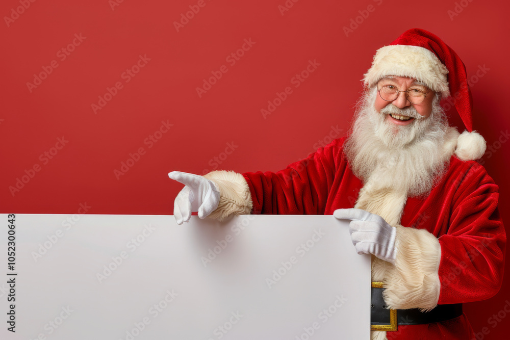 Cheerful man dressed as Santa Claus pointing to the side on a red background. Cheerful man dressed as Santa Claus pointing to the side on a red background.