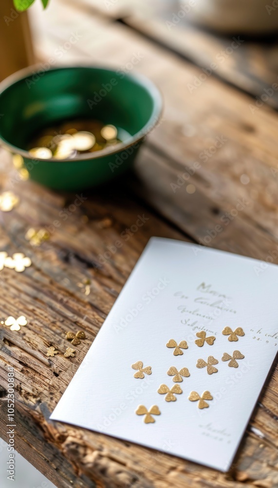 Elegant St. Patrick's Day Card Design with Shamrocks and Gold Accents on Rustic Wooden Table Elegant St. Patrick's Day Card Design with Shamrocks and Gold Accents on Rustic Wooden Table