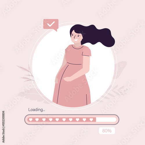 Cute pregnant woman, loading bar. Caucasian mother to be expecting and waiting to get to a full-term pregnancy for delivery date. Waiting for baby. Happy beautiful mom to be.
