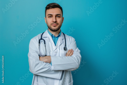 Serious young male doctor with glasses and folded arms wearing a lab coat and a stethoscope against a blue background.