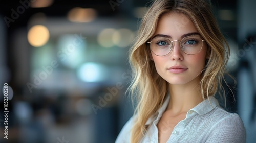 Young woman with glasses posing confidently in a modern workspace during the day, highlighting her stylish appearance and focus