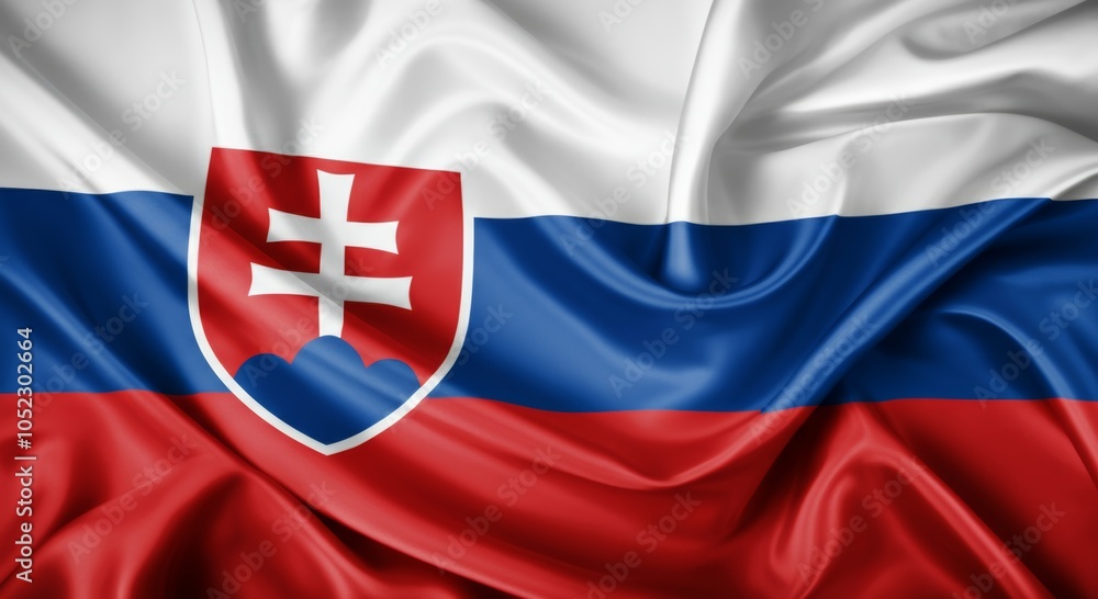Waving Slovakian flag with coat of arms on fabric texture. Waving Slovakian flag with coat of arms on fabric texture.