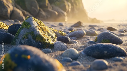Close-up of smooth, moss-covered rocks on a sandy beach, bathed in warm, golden sunlight, with large rocks in the background.
