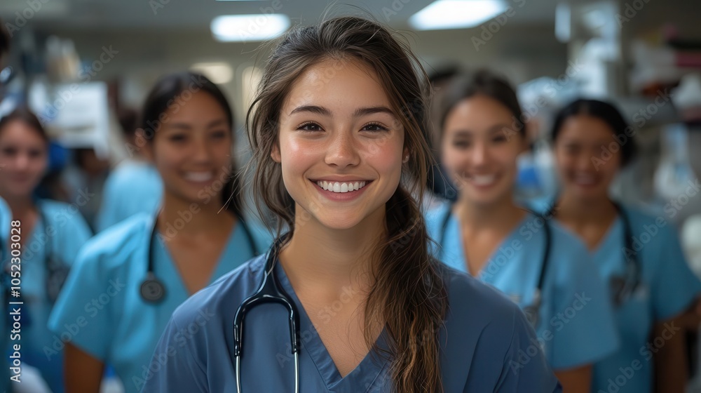 portrait of a dedicated young nursing student with her diverse team in a hospital setting, all dressed in scrubs, showcasing teamwork, compassion, and professionalism in healthcare portrait of a dedicated young nursing student with her diverse team in a hospital setting, all dressed in scrubs, showcasing teamwork, compassion, and professionalism in healthcare