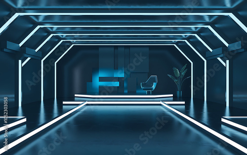 Futuristic blue and black stage with a chair and plant  perfect for product displays and presentations   
