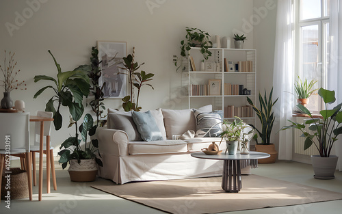 Beige sofa and green plants in a bright living room minimalist interior design cozy and comfortable 