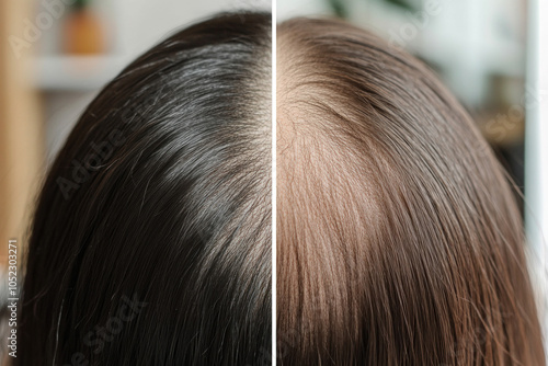 Hair restoration before and after: A dramatic transformation showcasing thinning hair on the left and a full, lush head of hair on the right, highlighting the success of the procedure. photo