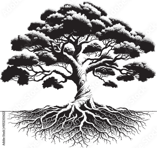 Black and White Vector Illustration of a Tree with Roots