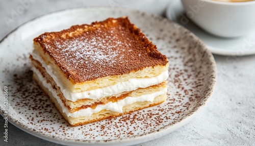 A delectable layered dessert with rich cream, topped with a dusting of powdered sugar, served on a decorative plate next to a cup of coffee.