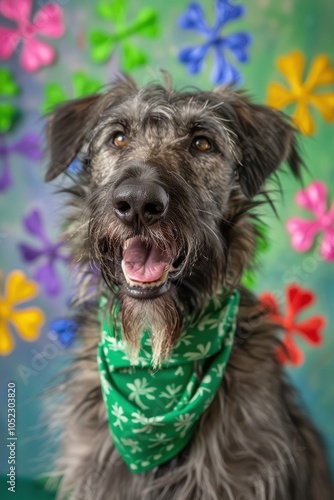 Irish Wolfhound in Festive Green Bandana Celebrating St. Patrick's Day