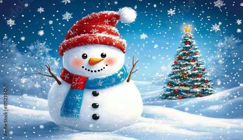 Cute snowman in red hat and blue scarf stands on background of Christmas tree.