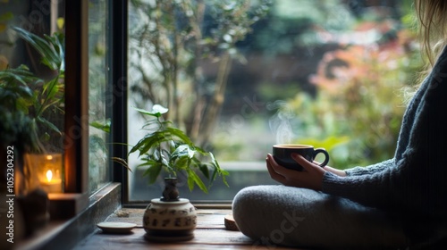 Coffee and meditation: A serene setting where someone enjoys coffee as part of a morning meditation or mindfulness routine, focusing on the sensory experience and relaxation.