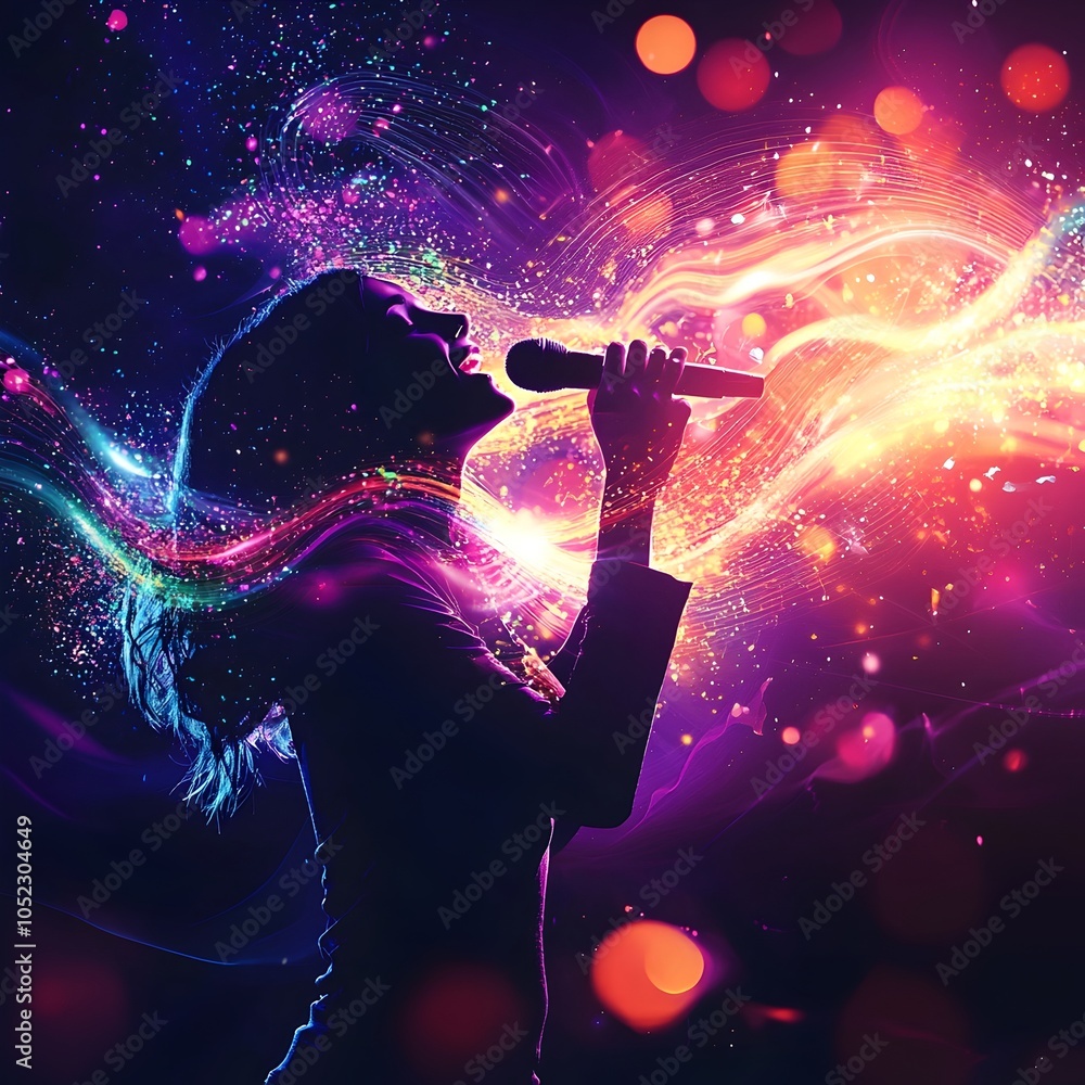 Captivating Singer Holding Microphone with Vibrant Abstract Waves of Sound and Light for Electrifying Concert Promotion Captivating Singer Holding Microphone with Vibrant Abstract Waves of Sound and Light for Electrifying Concert Promotion