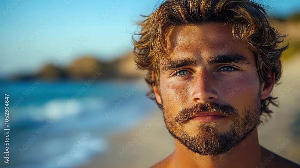portrait of a young caucasian man sporting a stylish moustache, set against a picturesque beach backdrop with soft sand and gentle waves, evoking a relaxed, summertime vibe portrait of a young caucasian man sporting a stylish moustache, set against a picturesque beach backdrop with soft sand and gentle waves, evoking a relaxed, summertime vibe