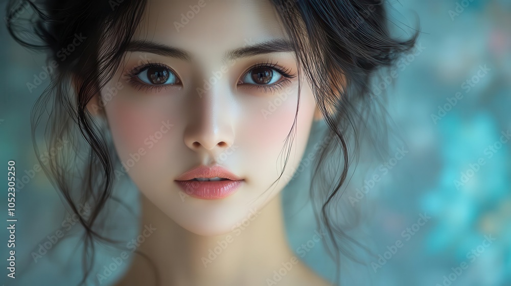 portrait of an asian beauty, highlighting radiant features and smooth skin, framed artistically against a soft, blurred background to enhance the subject's captivating allure portrait of an asian beauty, highlighting radiant features and smooth skin, framed artistically against a soft, blurred background to enhance the subject's captivating allure