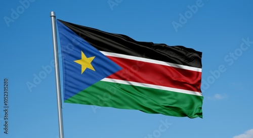 South Sudan national flag waving against clear blue sky. photo