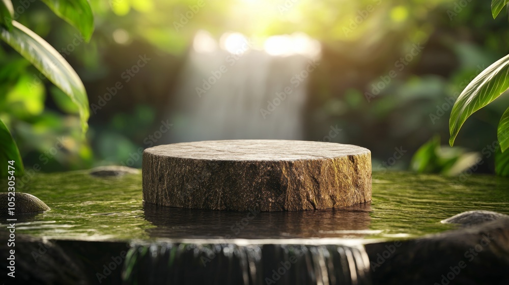 A serene scene featuring a wooden stump surrounded by water, with a waterfall in the background, illuminated by soft sunlight filtering through lush greenery. A serene scene featuring a wooden stump surrounded by water, with a waterfall in the background, illuminated by soft sunlight filtering through lush greenery.