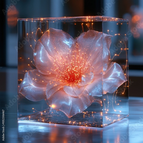 A luminous flower in a glass cube with thin, shimmering threads creating a futuristic atmosphere. The combination of natural and technological creates an atmosphere of magic and light photo