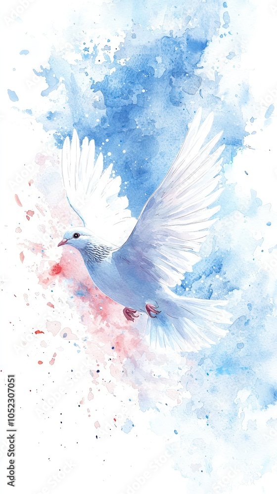 Fototapeta premium A graceful dove in flight blends soft blue and white hues, symbolizing peace and freedom amid a dreamy watercolor backdrop.