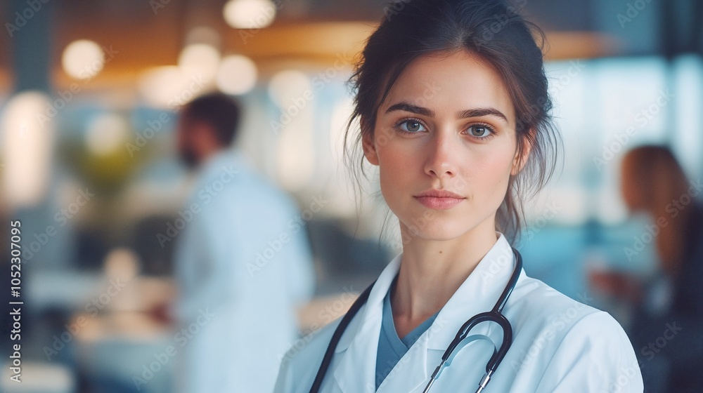 Obraz premium A confident young female doctor in a white coat, with a stethoscope around her neck standing in a private healthcare facility, looking directly at the camera. The background shows blurred colleagues e