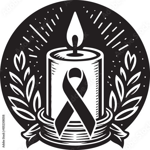 Burning Candle with Black Awareness Ribbon - Symbol of Remembrance and Hope. This poignant black and white image features a burning candle adorned with a black awareness ribbon.