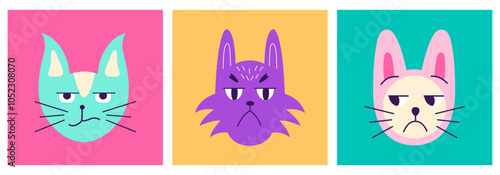 Set of cute cartoon cats with grumpy expressions. Pet portrait. Vector Illustration.
