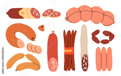 Set of boiled and smoked sausage products, frankfurter, whole sausage, half, sliced, boiled pork, string of sausages. Food, meat dish. Color vector illustration isolated on white