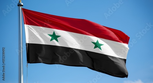 Syrian national flag waving on flagpole against clear blue sky. photo