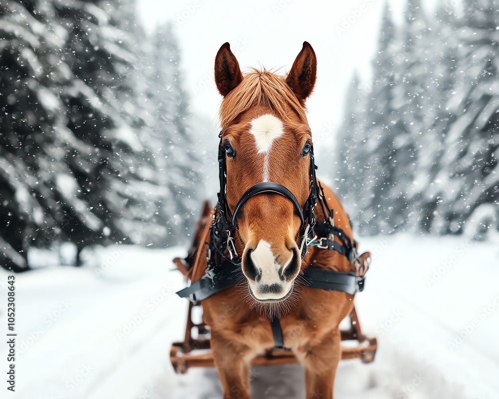 A majestic horse stands in a winter wonderland, snowflakes gently falling amidst a backdrop of evergreen trees. A majestic horse stands in a winter wonderland, snowflakes gently falling amidst a backdrop of evergreen trees.