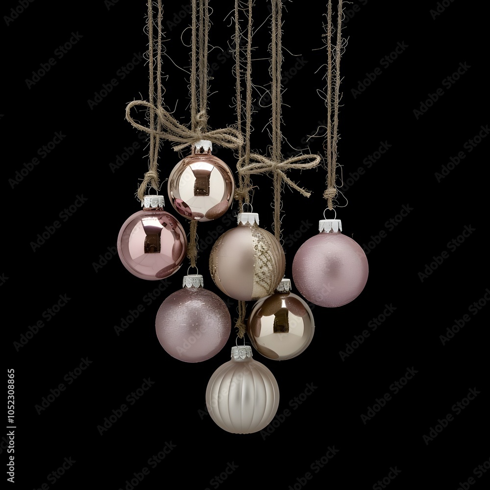 Hanging Metallic Baubles on Black Background Christmas Ornaments Concept Hanging Metallic Baubles on Black Background Christmas Ornaments Concept