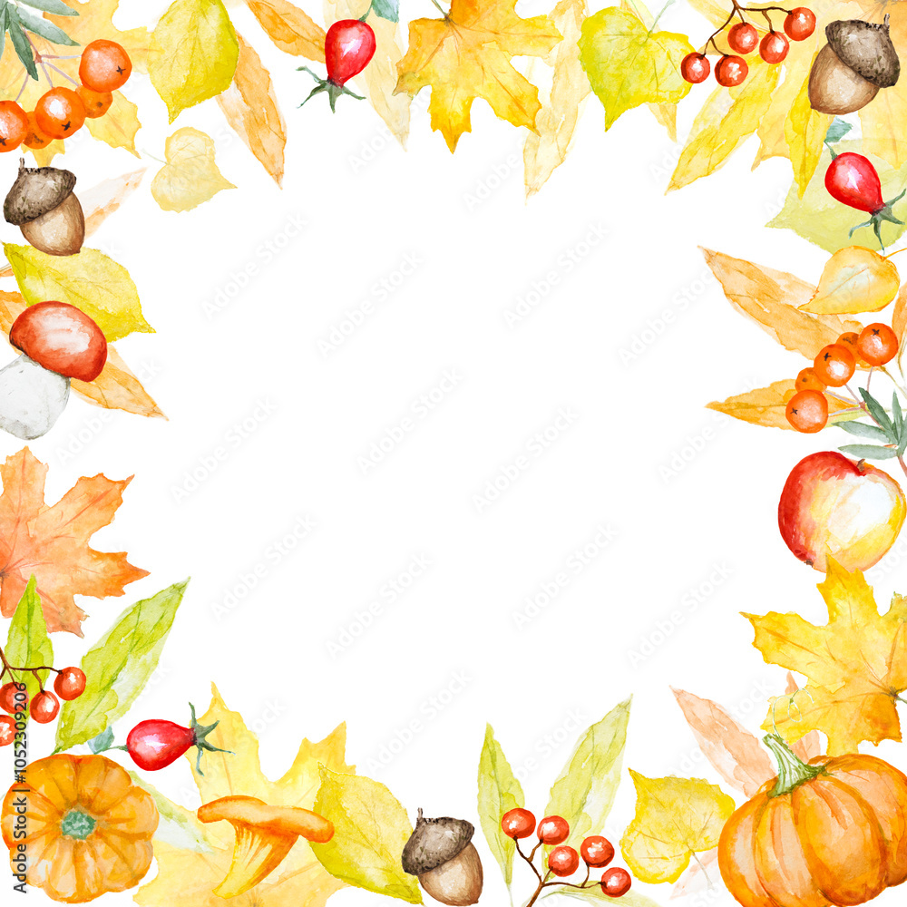 Autumn watercolour frame of autumn botanical elements on white background with copy space. Water colour illustration Autumn watercolour frame of autumn botanical elements on white background with copy space. Water colour illustration