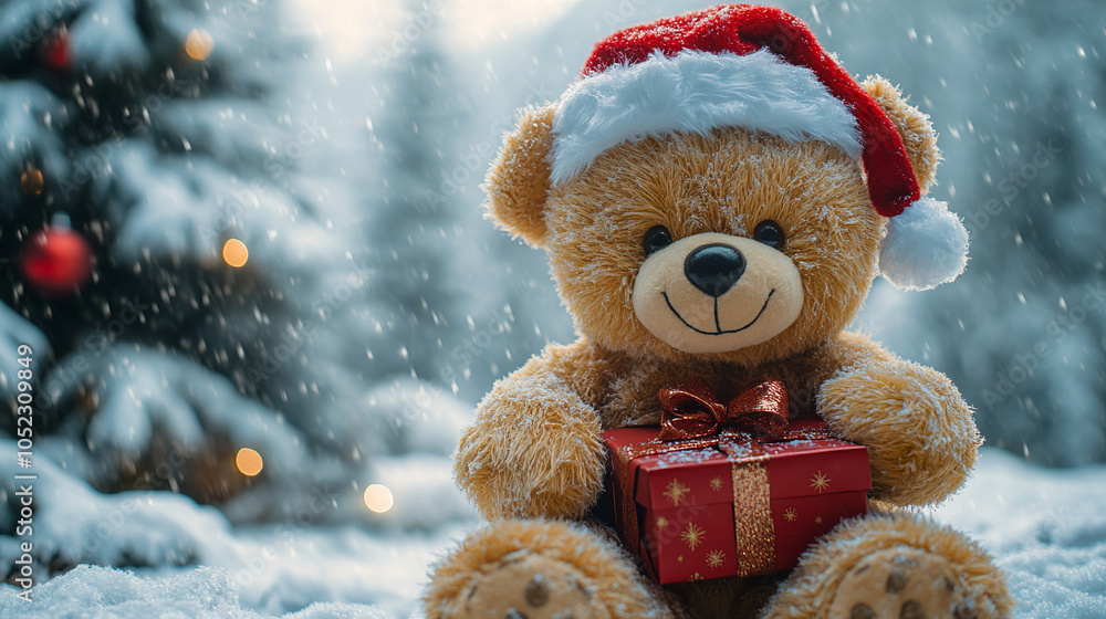 Christmas teddy bear wearing santa hat with christmas tree and gift box background Christmas teddy bear wearing santa hat with christmas tree and gift box background