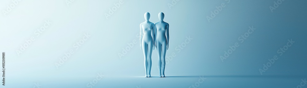 Two abstract figures stand closely in a minimalist blue environment, symbolizing connection and harmony between human forms. Two abstract figures stand closely in a minimalist blue environment, symbolizing connection and harmony between human forms.