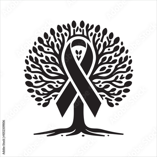 Tree of Remembrance. This striking black and white illustration features a tree of life intertwined with a black awareness ribbon, symbolizing hope, remembrance, and support for those affected by loss