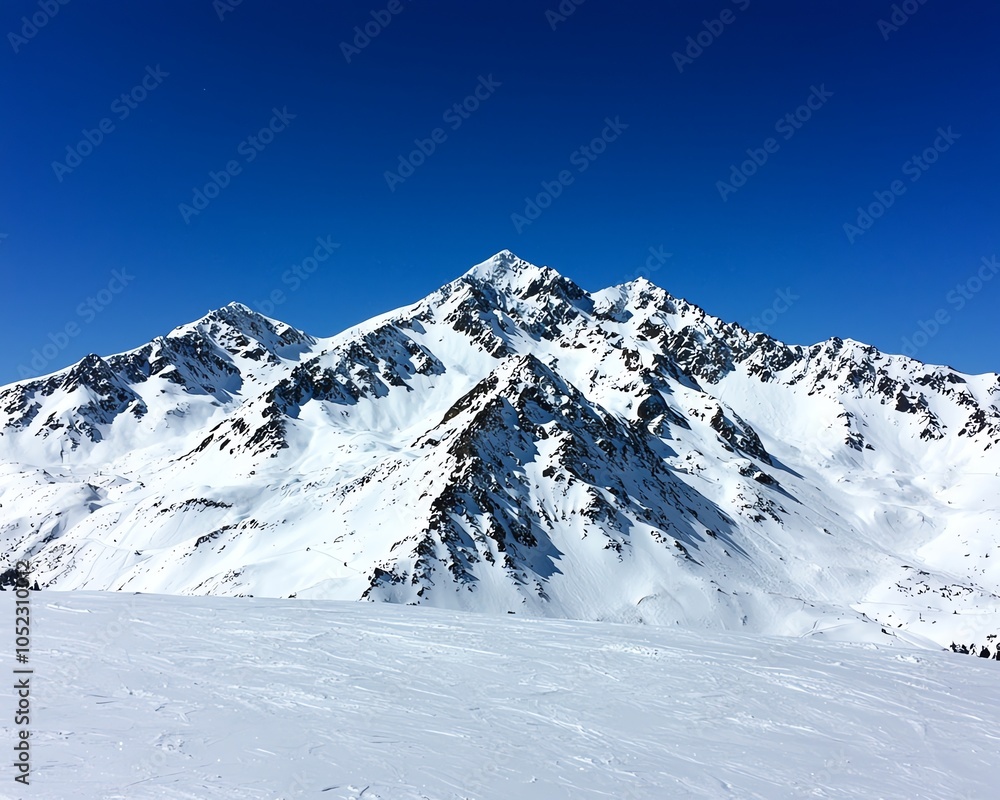 Breathtaking view of snow-covered mountains under a clear blue sky, perfect for winter sports and nature enthusiasts. Breathtaking view of snow-covered mountains under a clear blue sky, perfect for winter sports and nature enthusiasts.
