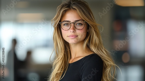 Young woman with long hair and glasses posing confidently in a modern office environment during daytime