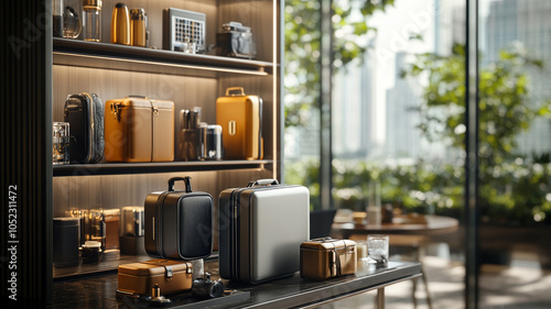 Stylish luggage displayed on modern shelf in bright setting