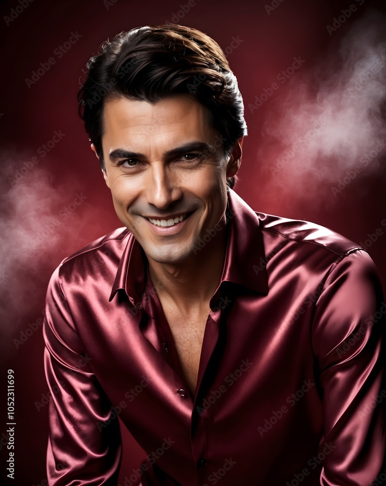 Fototapeta premium Charming Male Model in Satin Shirt with Mysterious Smile