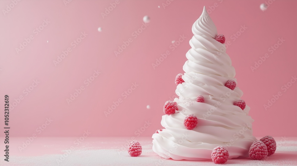 Whipped ice cream topped with raspberries on a pink background Whipped ice cream topped with raspberries on a pink background