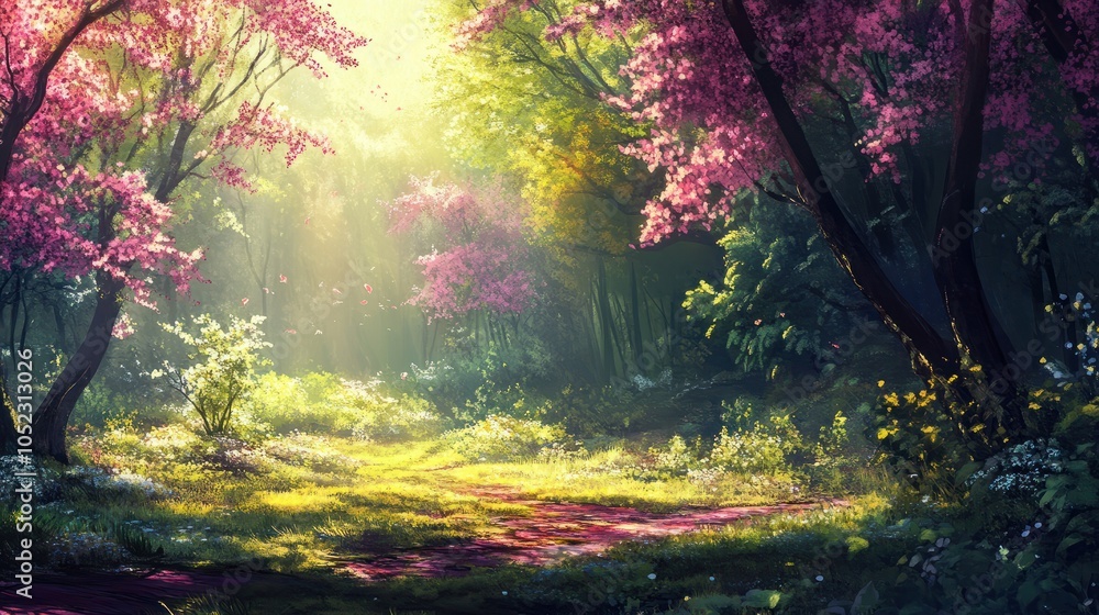 Beautiful forest in spring with bright sun shining through the trees Beautiful forest in spring with bright sun shining through the trees