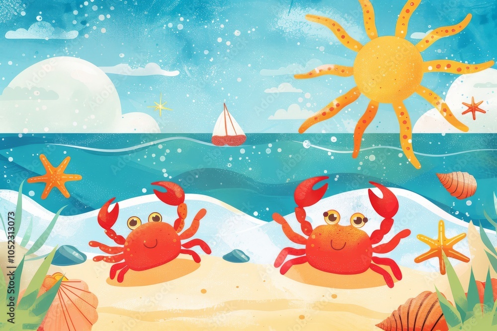 Naklejka premium Two cheerful crabs on a sunny beach with a bright sun, gentle waves, and a distant sailboat in the background