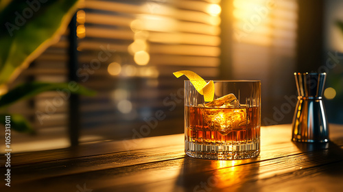 A glass of whiskey with ice and lemon peel sits on a wooden bar counter in warm evening light. photo