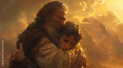 A dramatic portrayal of Abraham wrapping his arms around Isaac in a protective embrace, moments after untying him from the altar. Isaac’s face is buried in his father’s shoulder,