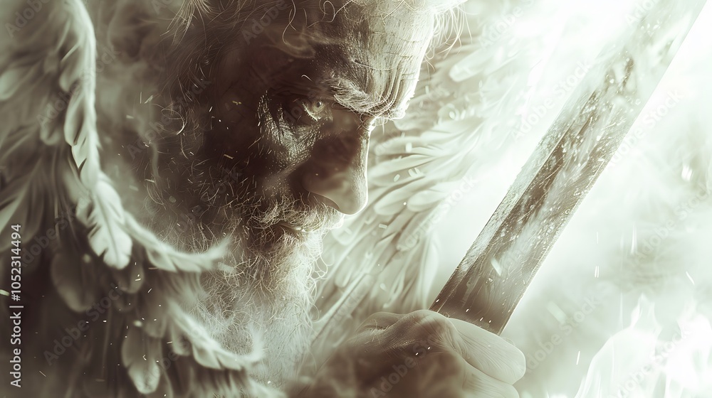 Obraz premium A dramatic scene of Abraham’s hand gripping the knife, his knuckles white with tension. The angel’s calm face appears just beside him, glowing with a soft, divine light.
