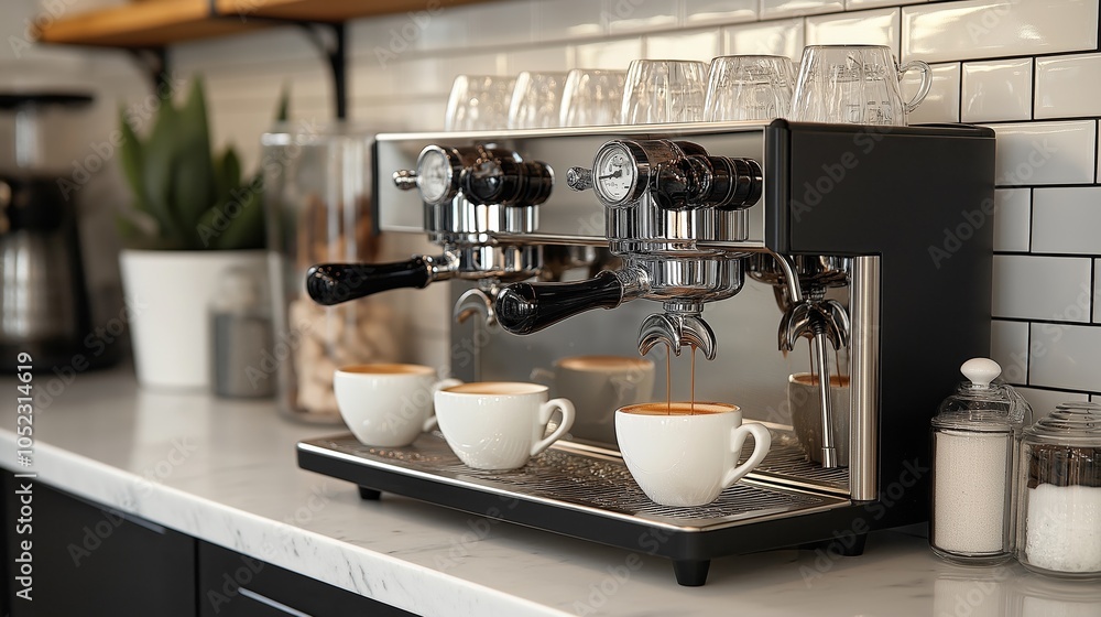Espresso machine brewing two cups of coffee in a modern kitchen setting Espresso machine brewing two cups of coffee in a modern kitchen setting