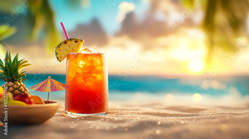 Tropical cocktail on sandy beach with ocean sunset and palm trees in the background.