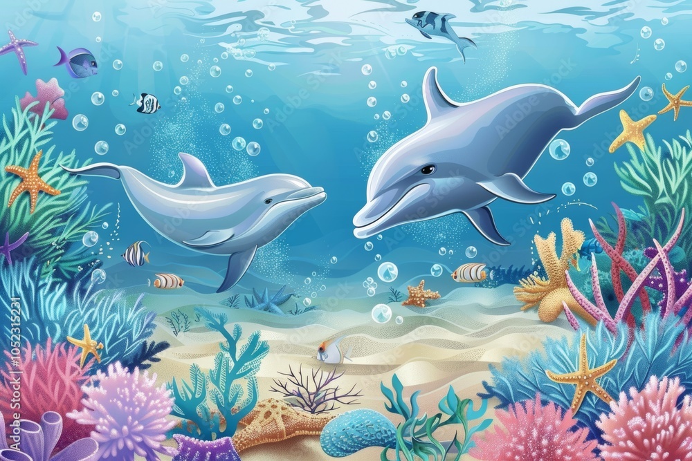 Obraz premium Two playful dolphins swim among vibrant coral reefs and colorful marine life in a sunlit underwater scene