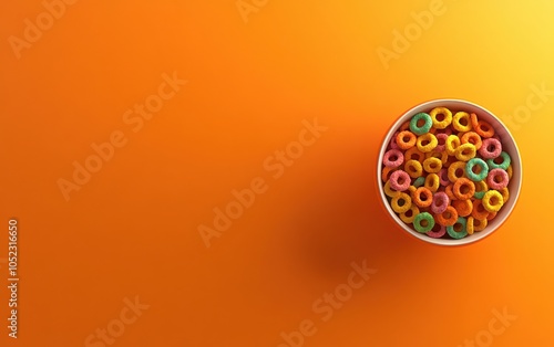 A vibrant top view of a bowl filled with colorful Froot Loops cereal rings, set against a bright orange background photo