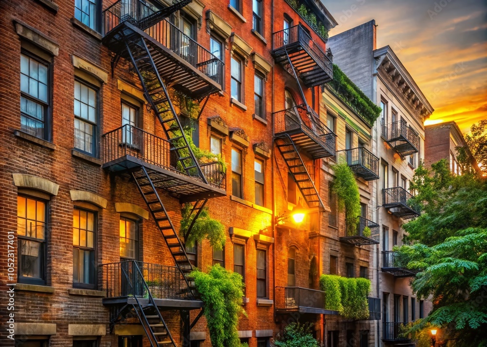 Fototapeta premium Charming Chelsea: Small Old Brick Buildings with Fire Escapes in New York City